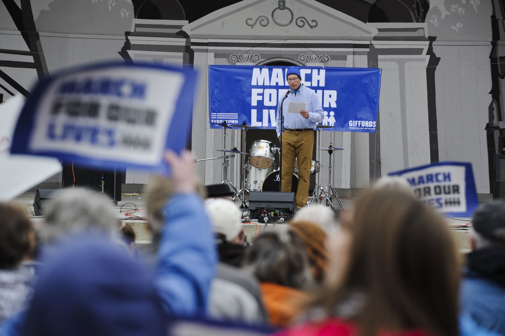 John Moffatt former vice principal of Fergus High School in Lewistown, speaks Saturday at the March for Our Lives demonstration, telling the story of a students shooter at the high school in 1986.